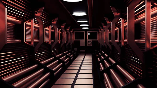 Futurista corredor de naves espaciales 3d. Diseño. Diseño interior y futurista de pasillo en modelo de computadora 3D. Modelo 3D de corredor en nave espacial —  Fotos de Stock