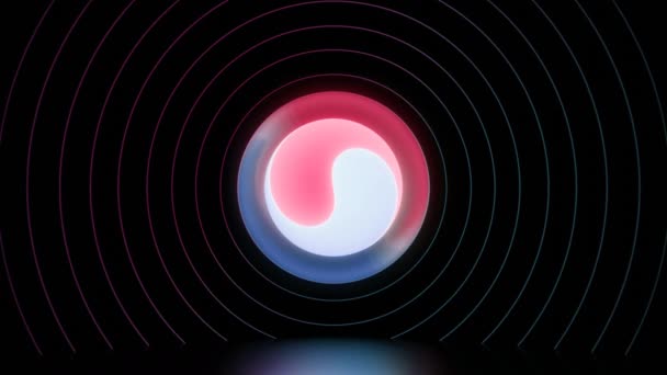 Círculo de yin yang abstracto en colores azul, blanco y rojo girando sobre un fondo negro con anillos de cuerda. Diseño. Ilusión óptica con efecto hipnótico. — Vídeo de stock