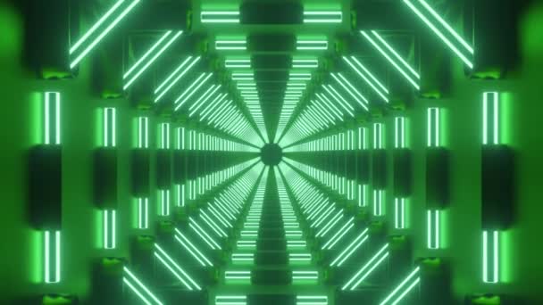 3D緑のSF技術トンネル、ループ可能な動きの背景。デザイン。輝く無限の科学の回廊の中へ. — ストック動画