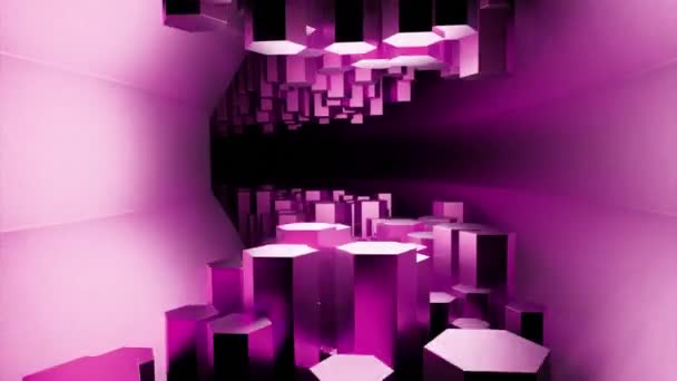 Túnel hexagonal futurista em cores rosa, laço sem costura. Desenho. Corredor de flexão com pilares em forma hexagonal. — Vídeo de Stock