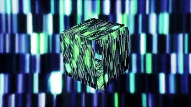 Bright purple and blue square in 3d. Motion. A shiny purple and green futage with a cube that opens and closes and glitters at the same time . — Stock Video