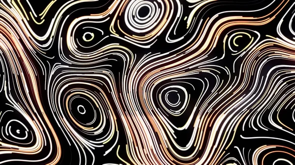 Abstracto manchas de onda geométrica marrón claro sobre un fondo negro, lazo sin costuras. Moción. Siluetas ovaladas en muchas rayas dobladas, lazo sin costuras. — Foto de Stock