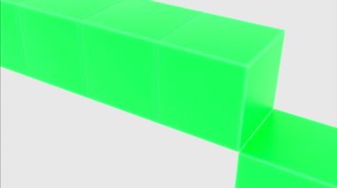 Beyaz bir arkaplanda soyutlanmış parlak figürler. Mavi ve yeşil geometrik kareler birer birer düşüyor ve sonra diğerleri ortaya çıkıyor..