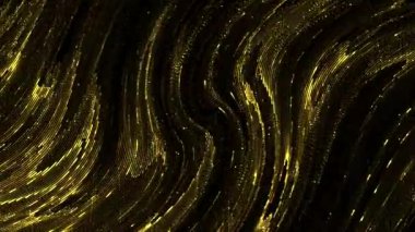Siyah zemin üzerinde parlak parçacıklar akan sıvı altın soyut arka plan. Hareket. Güzel dalgalı dokular ve sarı tozlar..