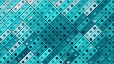 Göz kırpan dikdörtgenleri ve simetrik daireleri olan renkli geometrik desen. Hareket. Birçok satırda aynı boyutta kiremitlerin Retro biçimi.