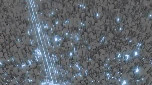 Bovenaanzicht vanuit de lucht van een abstracte lay-out van de stad met bewegende neonlijnen die eruit zien als scannen. Ontwerp. Grijze torens, wolkenkrabbers en blauwe lijnen, betonnen jungle project. — Stockvideo