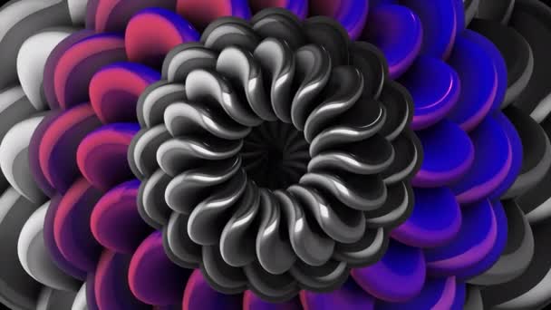 Рожевий, синій і сірий гіпнотичний тунель з абстрактними 3D лопатями, що протікають в круглий центр. Рух. Сюрреалістичний фон з сяючими вигнутими формами, безшовна петля . — стокове відео