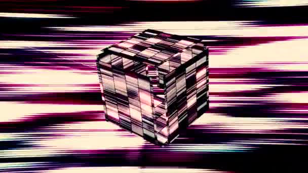 Abstract glowing cube covered by blinking digital tiles. Motion. 3D cubic shape with moving sides on shimmering rays background. — Video Stock
