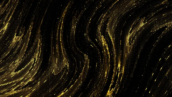 Folyékony arany absztrakt háttér áramló csillogó részecskékkel, fekete háttérrel. Indítvány. Gyönyörű hullámos textúra sárga ragyogó porral. — Stock Fotó