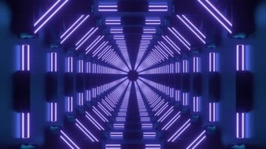 Kırmızı ve mavi arka plan. Görev. Yanlarda parlak fenerlerle yanan parlak bir tünel.