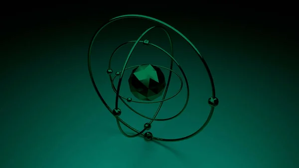 Visualização abstrata de um modelo de átomo. Desenho. Gráficos em movimento de elétrons em um modelo abstrato de cor malaquita brilhante do átomo no fundo verde escuro gradiente. — Fotografia de Stock
