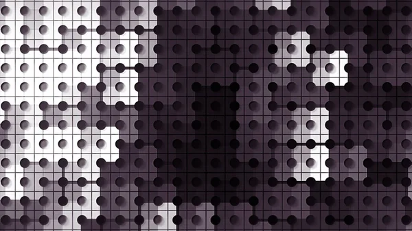 Abstrakter Hintergrund, der durch schmale schwarze Linien in kleine Quadrate mit Kreisen in der Mitte jedes Quadrats unterteilt wird. Bewegung. Blinkende Schatten von Fliesen über geometrischem Muster. — Stockfoto