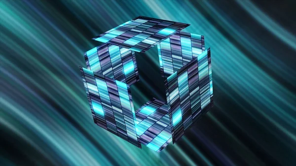 サイバー空間で縞模様の立方体を成長させる。動きだ。輝くカラフルなキューブは、部品と組み立てに分かれています。仮想空間における空のサイバーキューブ — ストック写真