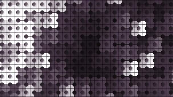 Fundo abstrato dividido por linhas pretas estreitas em pequenos quadrados com círculos no meio de cada quadrado. Moção. Brilhando sombras de azulejos sobre padrão geométrico. — Vídeo de Stock