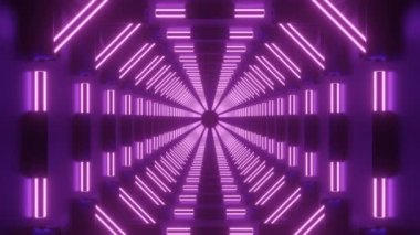 Neon hatlarının merkezileştirilmiş 3 boyutlu tüneli. Tasarım. Neon çizgileri olan uzay tüneli. 3D siber uzayın neon koridoru boyunca hareket