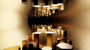 Sütunlu 3D tünel. Tasarım. Kristallerle kıvrımlı tünel hareket ediyor. Kıvrımlı hareketlerde altın kolonları olan tünel