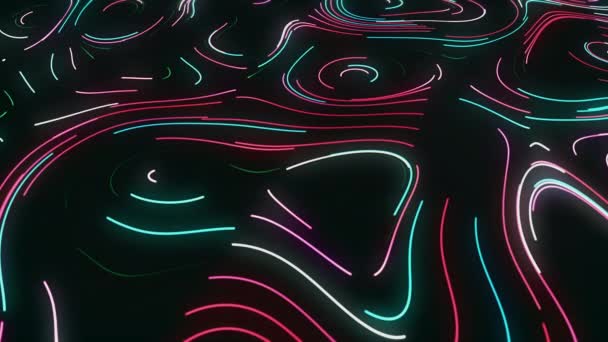 Black background. Motion. Bright multicolored lines shine and stretch to create patterns. — Stockvideo