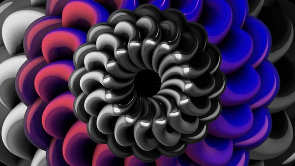 Pink, blue, and grey hypnotic tunnel with abstract 3D blades flowing into the round center. Motion. Surrealistic background with glowing bended shapes, seamless loop. — 图库照片