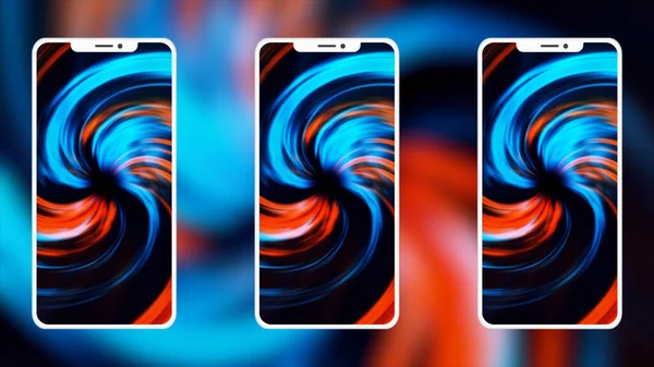 Contesto. Mozione. Tre telefoni sullo screensaver di cui ci sono discoteche e fumaioli lucenti con una gamma ricca di colori e sullo sfondo uno sfondo che mostra un colore brillante. — Foto Stock