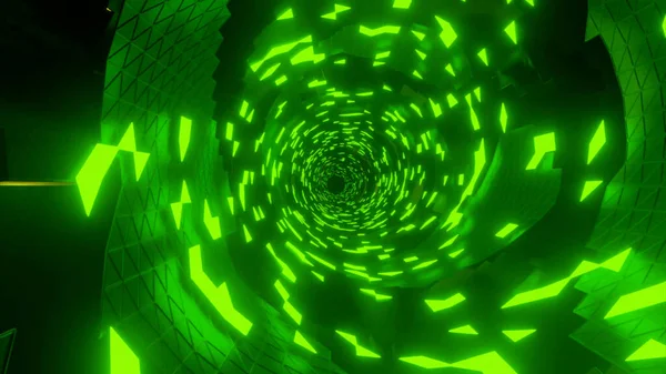 3D зеленый научно-фантастический технологический туннель, зацикленный фон движения. Дизайн. Двигаясь внутри светящегося бесконечного научного коридора. — стоковое фото