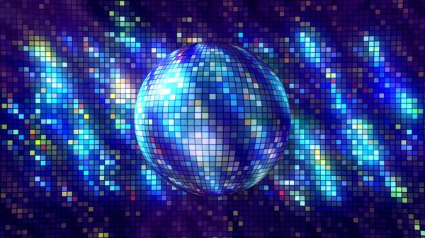 L'abstraction. Motion. Une boule disco faite de petits carrés de couleur bleue tourne autour et brille. — Photo