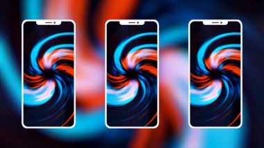 Geçmişi. Hareket. Ekran koruyucusunda üç telefon var. Diskoları ve parlak hunileri zengin renk aralıklarına sahip ve arka planda parlak bir rengi gösteren bir fon..