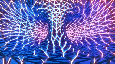 Parlayan 3D kasırgalar. Tasarım. Parlak çizgileri olan üç boyutlu bir döngü. Döngülü boşluğu ve parlak çatlakları olan bilim kurgu ağacı
