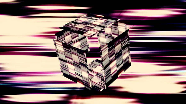 Cube lumineux abstrait recouvert de tuiles numériques clignotantes. Motion. Forme cubique 3D avec côtés mobiles sur fond de rayons chatoyants. — Photo
