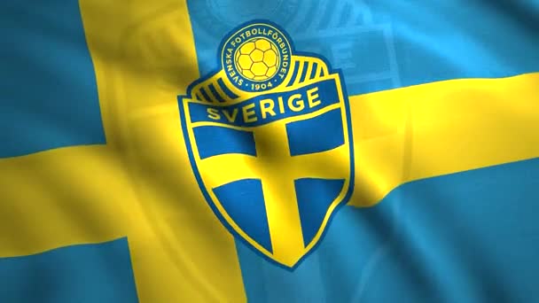 Bela bandeira em desenvolvimento brilhante do time de futebol Sverige. Moção. A bandeira do time de futebol é azul com uma cruz amarela close-up. Apenas para uso editorial — Vídeo de Stock