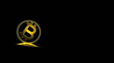 Siyah arka planda bitcoin işareti var. Tasarım. Siyah yüzeyde üç boyutlu altın sikke yuvarlanıyor. Kripto Para Uzayda Yuvarlanıyor