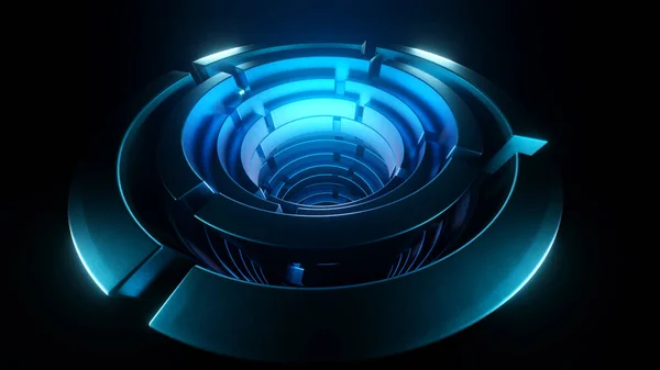 3D tunnel of rotating futuristic rings. Design. Futuristic 3d rings with neon light rotate on black surface. Tunnel of rotating mechanical rings on surface — Fotografia de Stock