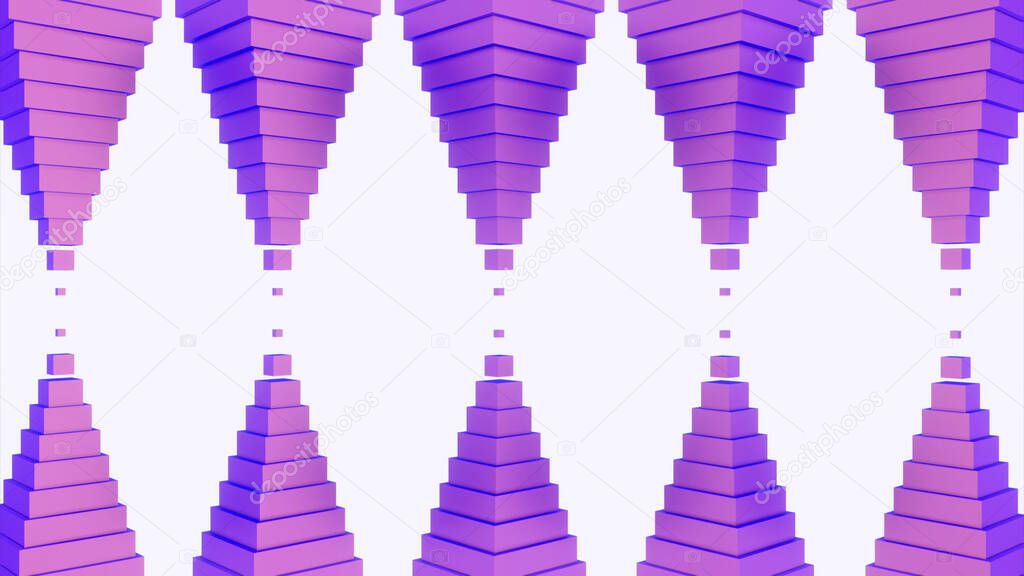 Repeating symmetrical pattern of triangles. Design. Moving triangular pyramids on isolated background. Repeating symmetrical triangles move mirror-like to each other