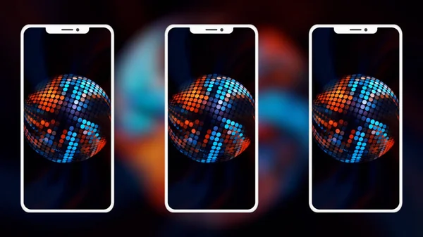 Contesto. Mozione. Tre telefoni sullo screensaver di cui ci sono discoteche e fumaioli lucenti con una gamma ricca di colori e sullo sfondo uno sfondo che mostra un colore brillante. — Foto Stock