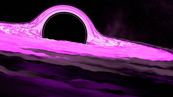 A massive black hole in space with surrounding stars being sucked in by gravitational pull. Design. Pink and black outer space black hole visualization. — Stockfoto