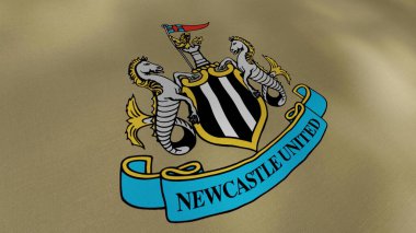 Newcastle United Football Club flag waving cloth, seamless loop. Motion. Colorful abstract flag with the emblem of an english football club.