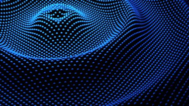 Soyutlama. Tasarım. Mavi ve yeşil küçük daireler sallanır ve sağa doğru kaotik bir şekilde dönen büyük daireler oluşturur.