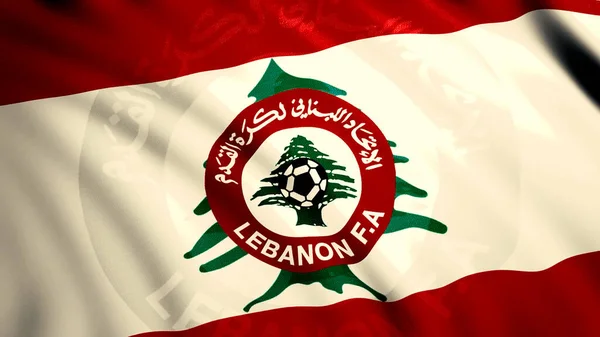 Libanese Football Association zwaaien kleurrijke vlag, naadloze lus. Beweging. Abstracte groene cederboom en een bal op het embleem van de Libanon vlag. Uitsluitend voor redactioneel gebruik. — Stockfoto