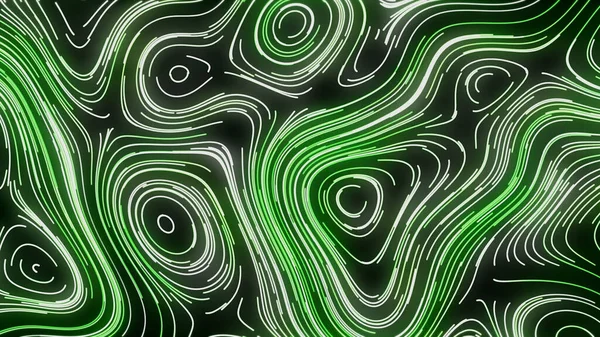 Abstrakter, farbenfroher grüner und weißer welliger Neon-Hintergrund mit gebogenen runden Formen. Bewegung. Verschiedene Größe Flecken durch schmale Streifen gebildet. — Stockfoto