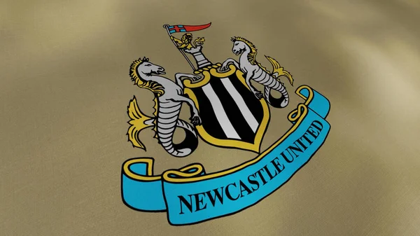 Newcastle United Football Club flag waving cloth, seamless loop. Motion. Colorful abstract flag with the emblem of an english football club. Royaltyfrie stock-billeder
