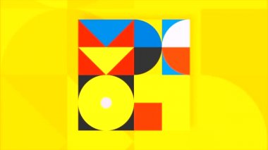 Bright yellow background with geometric moving figures, seamless loop. Motion. Square with flat moving shapes inside.