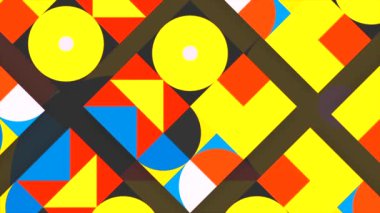 Rengarenk daireler, üçgenler ve karelerle üstün bir altyapıya sahip. Hareket. Düz renkli geometrik şekiller.