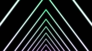 Neon çizgileriyle oluşan renk değiştiren tünelin içinde uçmak, kusursuz döngü. Tasarım. Siyah arkaplanda genişleyen üçgen siluetlerin soyut koridoru.