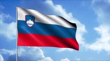 Ülkelerin güzel bayrakları rüzgarda dalgalanıyor. Hareket. Arkadaki gökyüzünde bayrak direği yükseliyor. Slovenya bayrağının 3D animasyonu