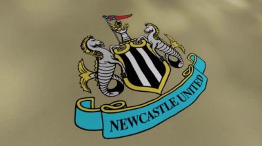 Newcastle United Football Club flag waving cloth, seamless loop. Motion. Colorful abstract flag with the emblem of an english football club.