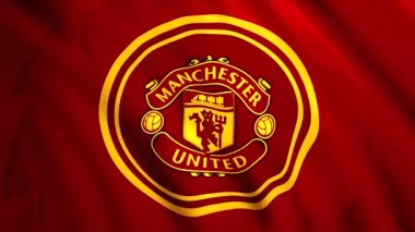 Manchester United kırmızı ve altın bayrak sallıyor, kusursuz döngü. Hareket. Soyut dalgalanan bayrak bezi, spor anlayışı. Sadece yazı işleri için..