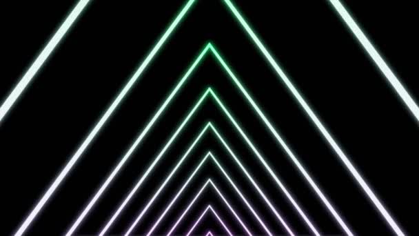 Flying inside color changing tunnel formed by neon lines, seamless loop. Design. Abstract corridor of widening triangular silhouettes on a black background. — Stock Video