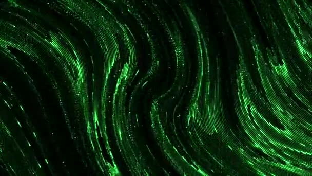 Flujo de líquido de matriz brillante. Moción. Hermosas corrientes de fluido cibernético verde. Líquido de matriz brillante verde se mueve en corrientes — Vídeo de stock