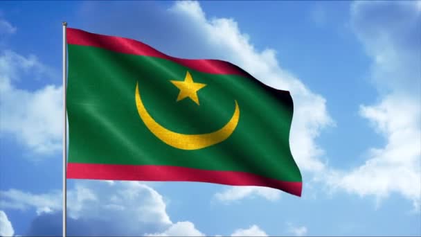 Bandiera su pennone sventola sullo sfondo del cielo. Mozione. Bella bandiera del paese sta sventolando nel cielo. Alza lo spirito patriottico con la bandiera della Mauritania — Video Stock