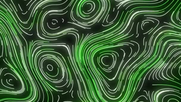 Abstrakter, farbenfroher grüner und weißer welliger Neon-Hintergrund mit gebogenen runden Formen. Bewegung. Verschiedene Größe Flecken durch schmale Streifen gebildet. — Stockvideo