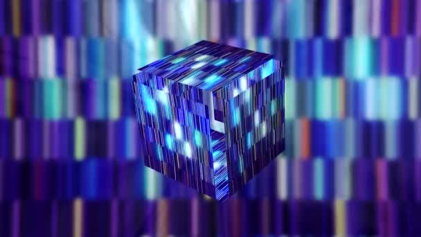 Abstract colorful glowing rectangular block with the moving sides and glowing rays. Motion. Purple and blue shimmering tiles on the background. — Stock Video